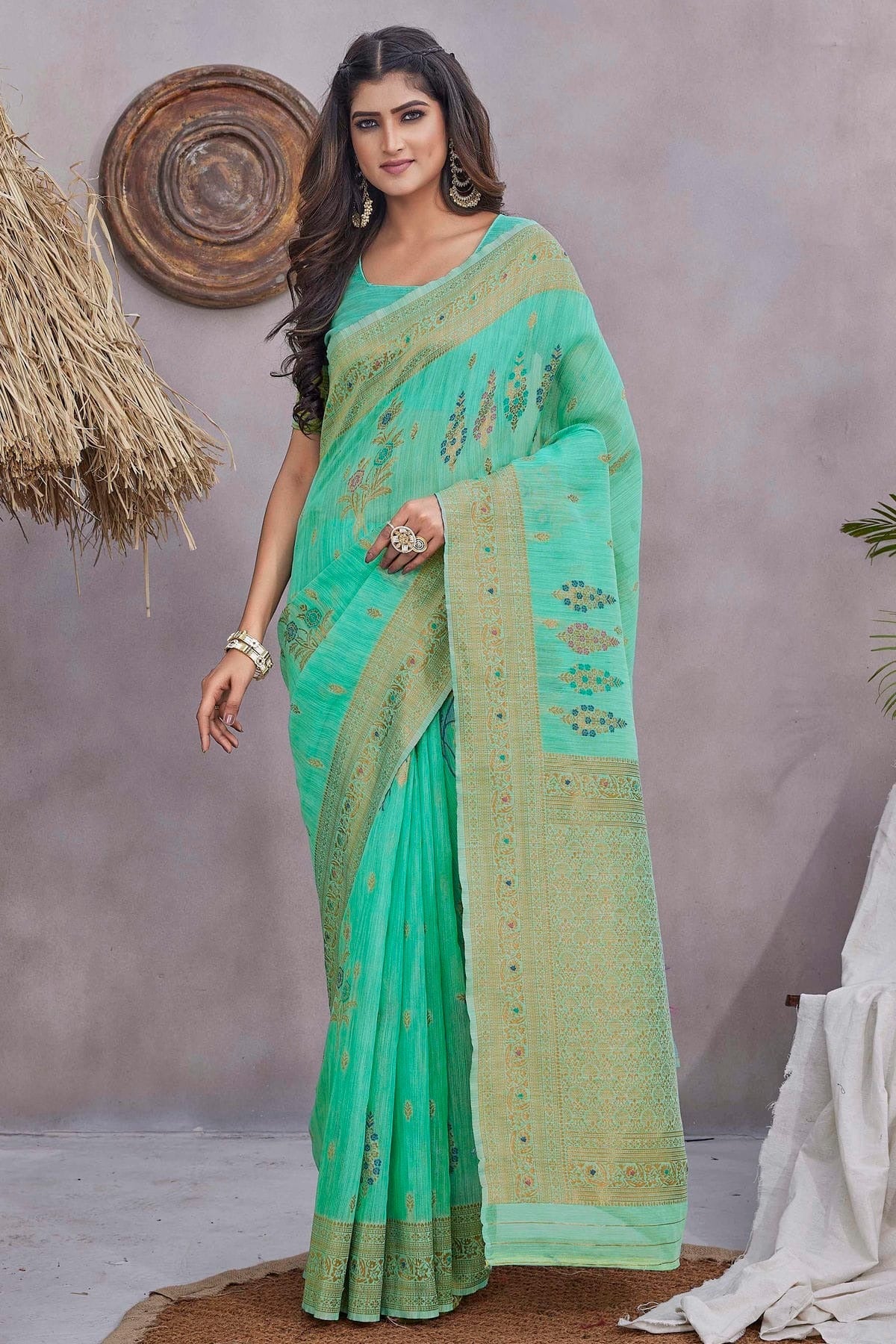 Sea Green Linen Traditional Saree NCSD11111833