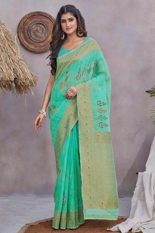Sea Green Linen Traditional Saree NCSD11111833