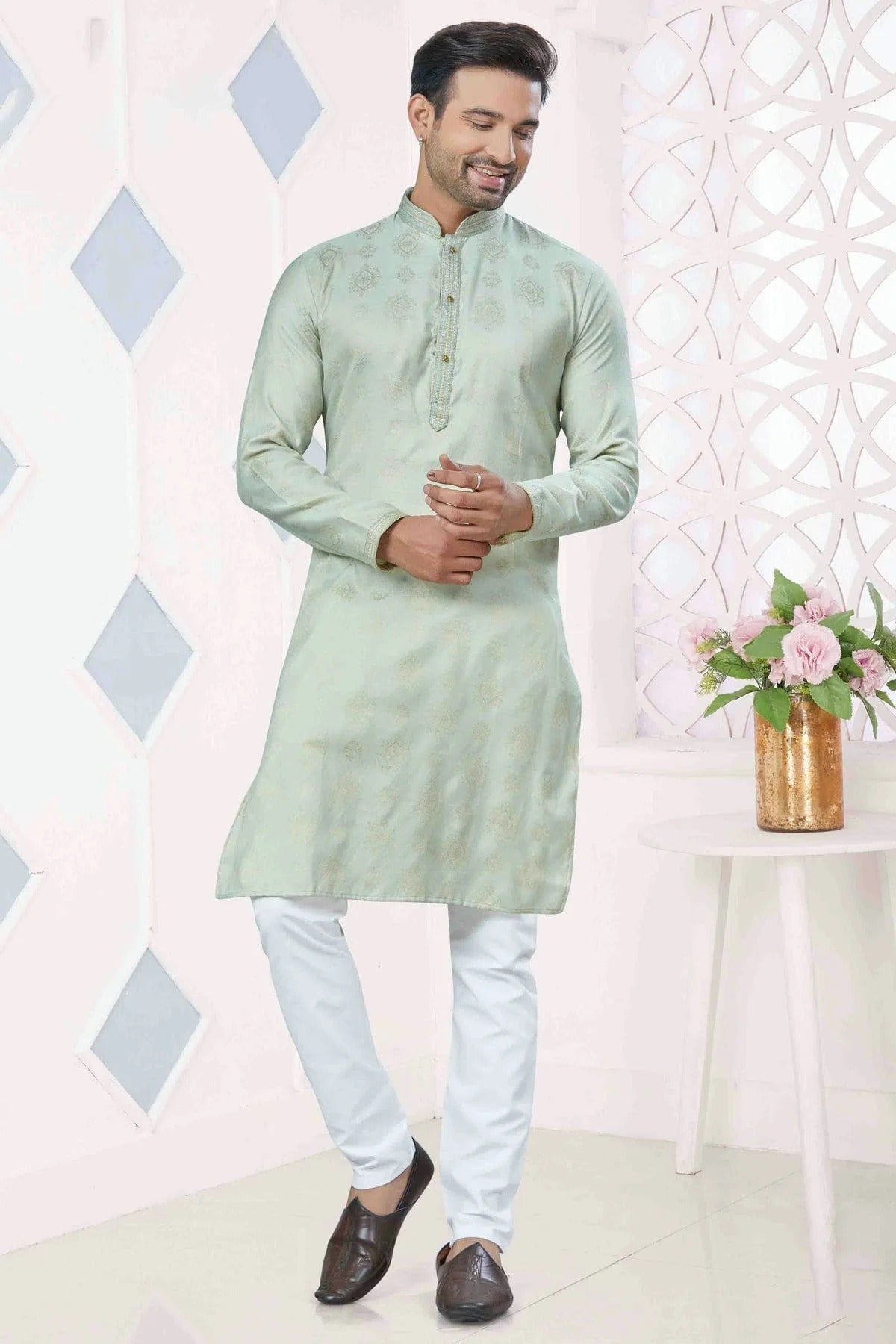 Sea Green Pintex and Woven Jacquard Silk Kurta Pajama NCKP11110579