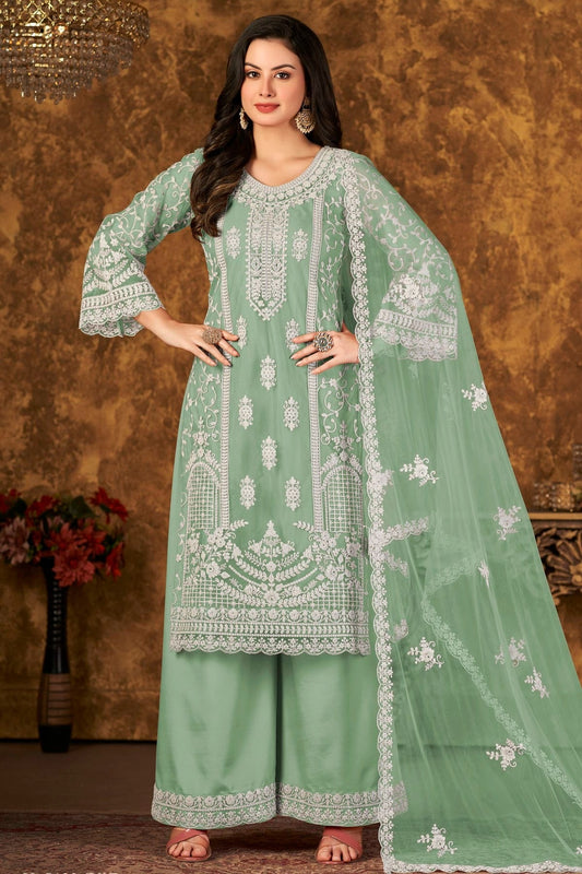 Sea Green Plazoo Pant SuitNet Semi Stitched  NCSM10510233