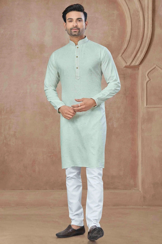 Sea Green Printed and Pintex Cotton Kurta Pajama NCKP11110543