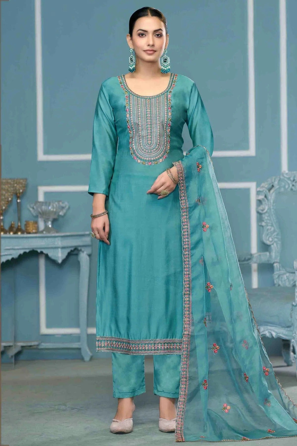 Sea Green Roman Cotton Pant Style Suit NCSM11110709
