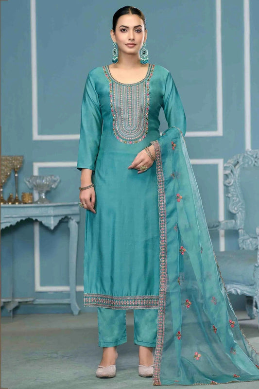 Sea Green Roman Cotton Pant Style Suit NCSM11110709
