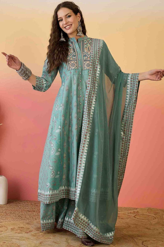 Sea Green Roman Silk Stitched Palazzo Pant Suit NCSS11110156