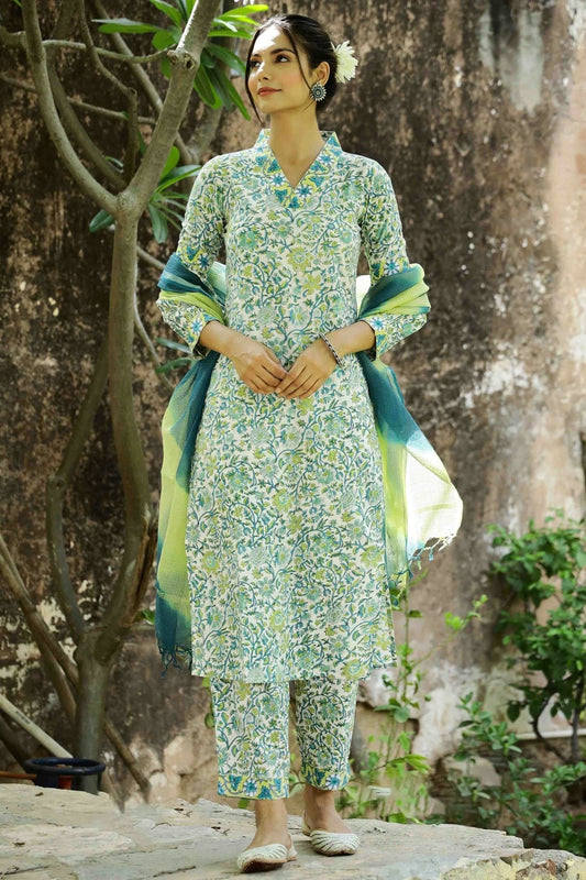 Sea Green Roman Slub Printed Pant Style Suit NCSS11110312