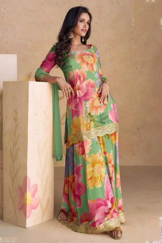 Sea Green Semi Stitched Chinon Palazzo Pant Suit NCSM11410489