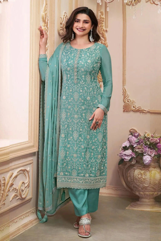 Sea Green Semi Stitched Chinon Silk Pant Style Suit NCSM11410494