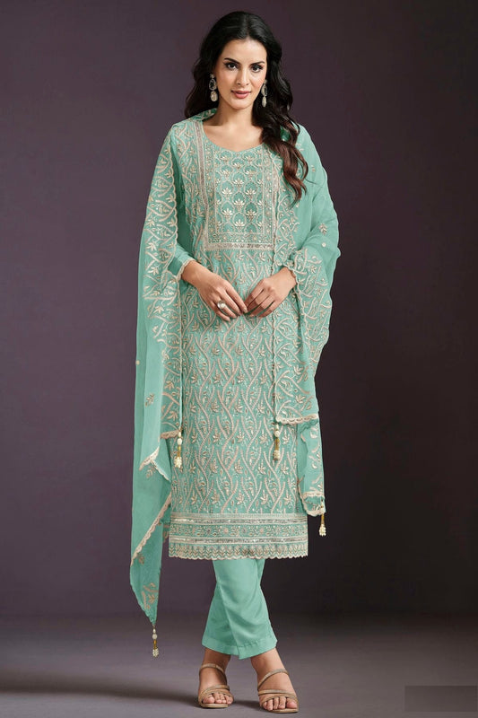 Sea Green Semi Stitched Chinon Straight Suit NCSM11111028