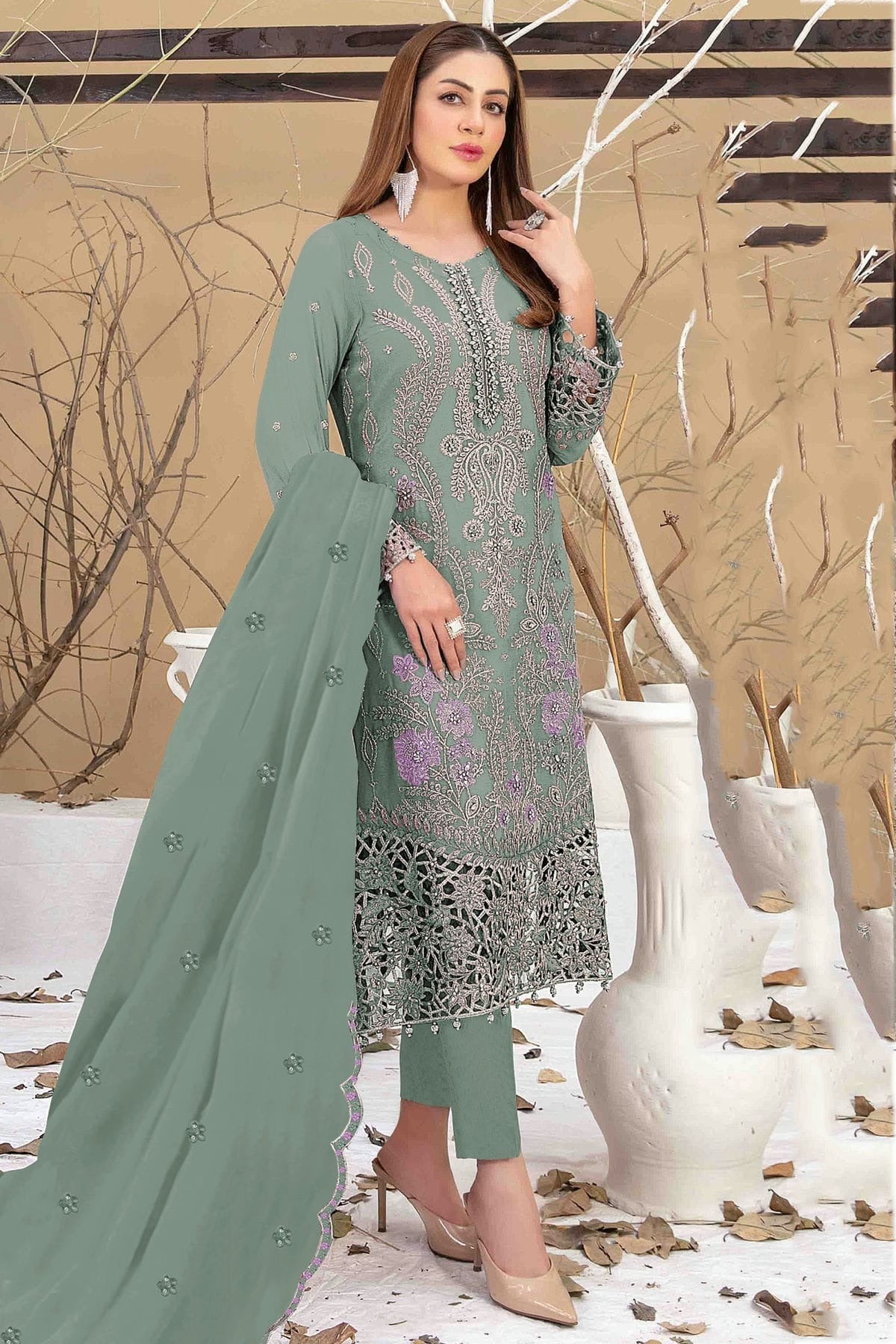 Sea Green Semi Stitched Faux Georgette Pakistani Suit NCSM11410460