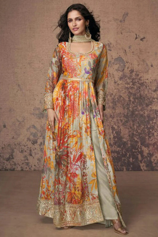 Sea Green Semi Stitched Faux Georgette Pant Style Suit NCSM11410328
