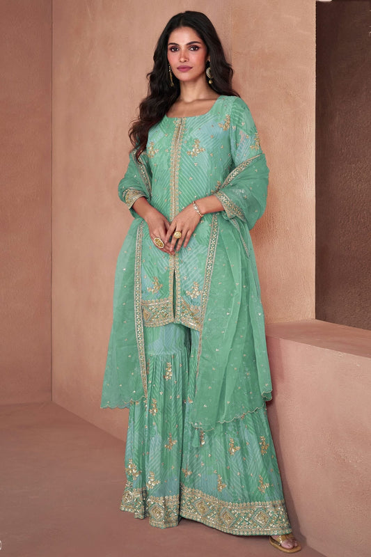 Sea Green Semi Stitched Faux Georgette Sharara Suit NCSM11410451