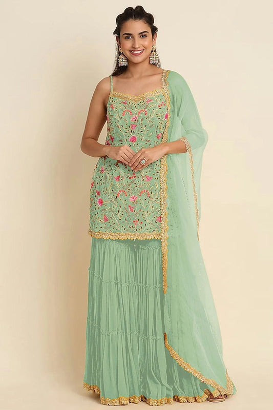 Sea Green Semi Stitched Faux Georgette Sharara Suit NCSM11410523