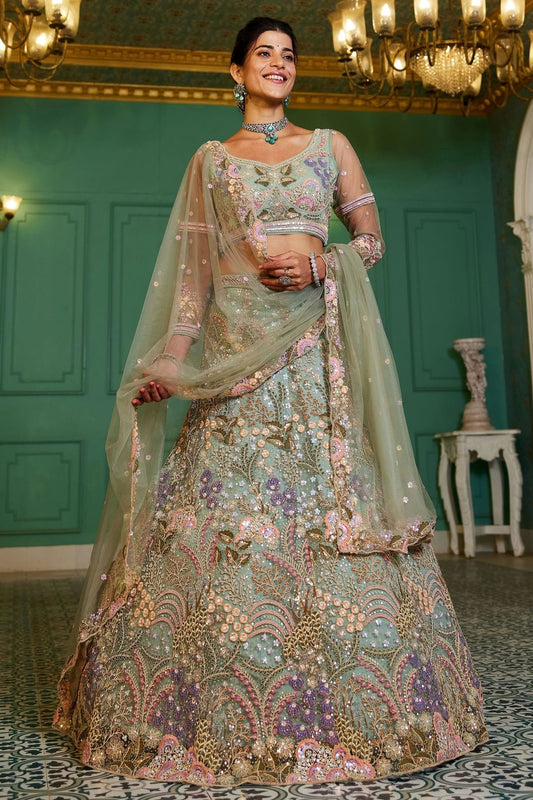 Sea Green Semi Stitched Net Lehenga Choli NCLC11111237