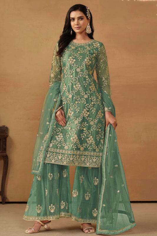 Sea Green Semi Stitched Net Sharara Suit NCSM10510284