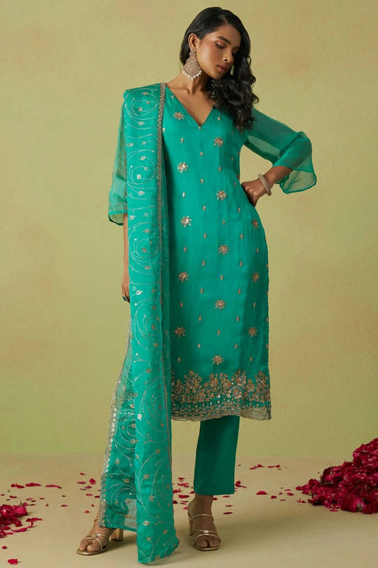 Sea Green Semi Stitched Shimmer Organza Pant Style Suit NCSM11111020