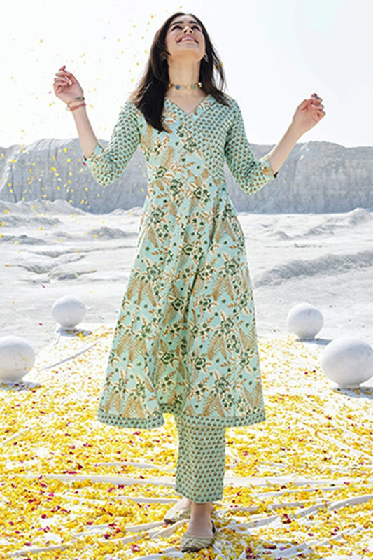 Sea Green Stitched Cotton Top and Bottom  NCTP11111341