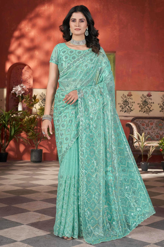 Sea Green Tissue Net Designer Saree NCSD11111221