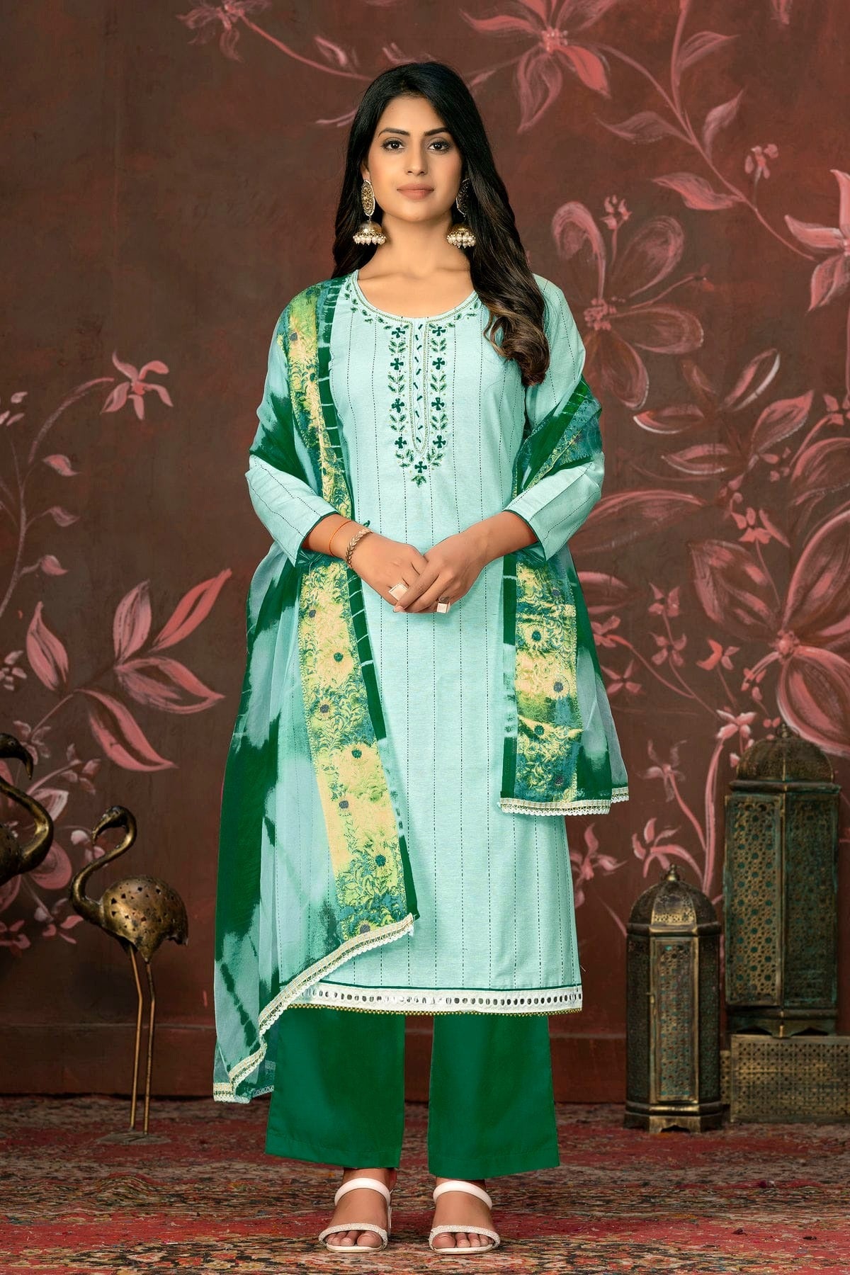 Sea Green Unstitched Cambric Cotton Plazzo Pant Suit NCUS11610409