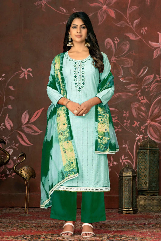 Sea Green Unstitched Cambric Cotton Plazzo Pant Suit NCUS11610409