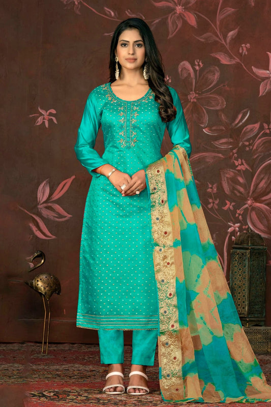 Sea Green Unstitched Modal Cotton Jacquard Pant Style Suit NCUS11610156
