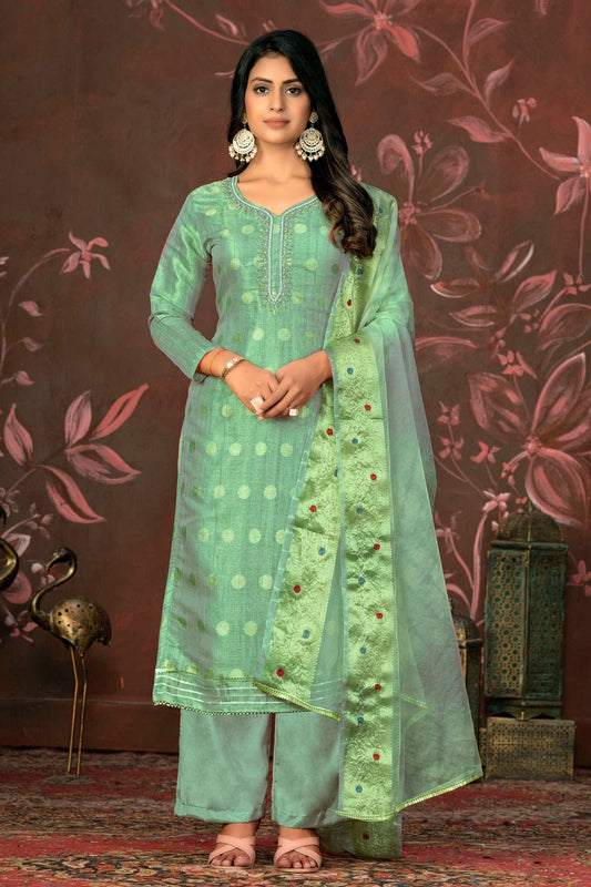 Sea Green Unstitched Modal Cotton Jacquard Straight Suit NCUS11610153