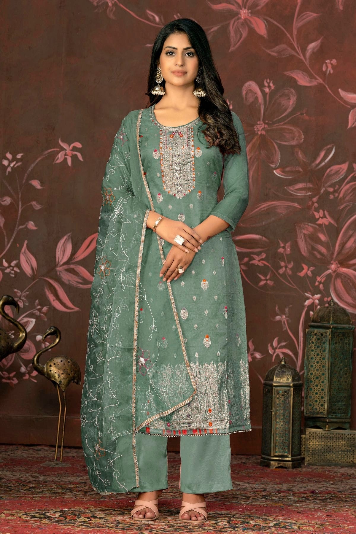 Sea Green Unstitched Organza Jacquard Straight Suit NCUS11610123