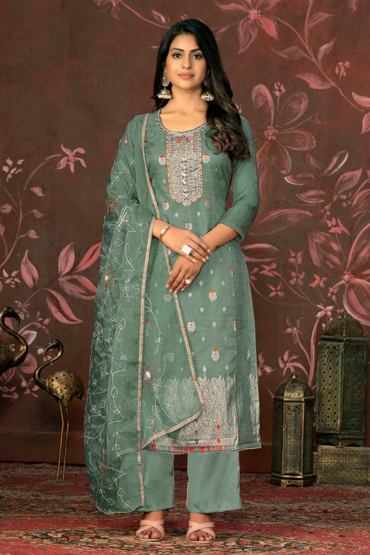 Sea Green Unstitched Organza Jacquard Straight Suit NCUS11610123
