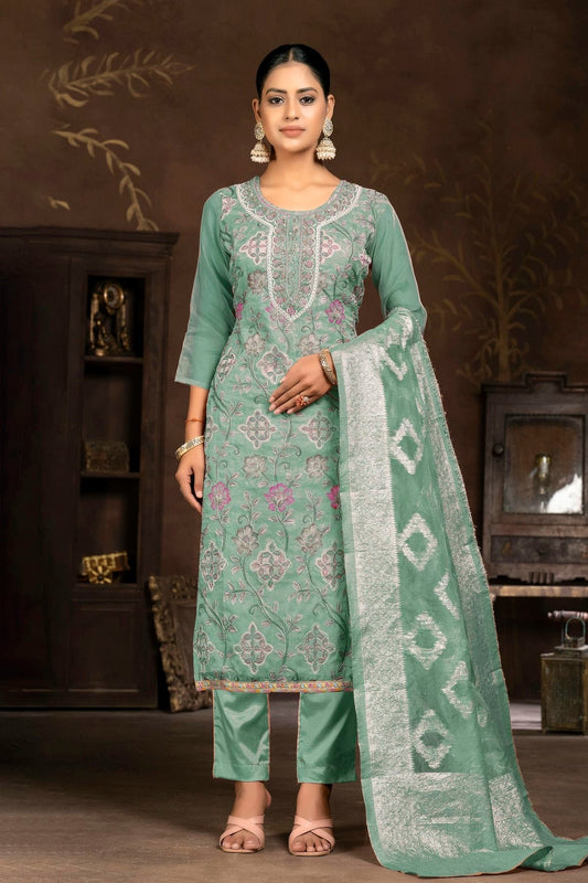 Sea Green Unstitched Organza Pant Style Suit NCUS11610118