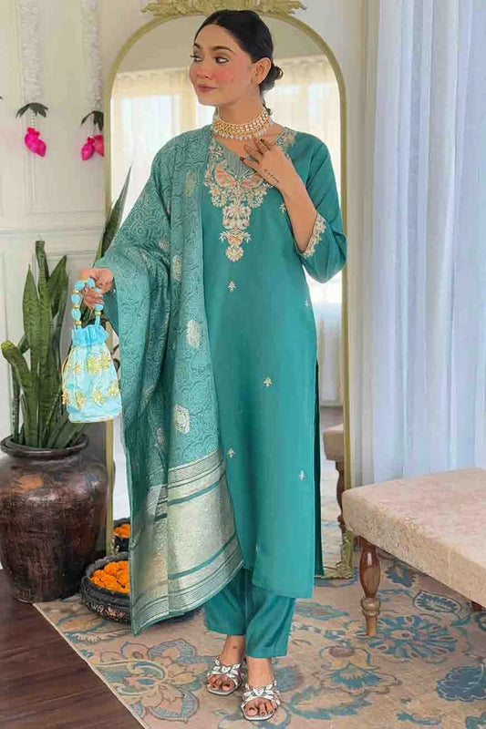 Sea Green Viscose Chanderi Embroidery Pant Style Suit NCSS11110359