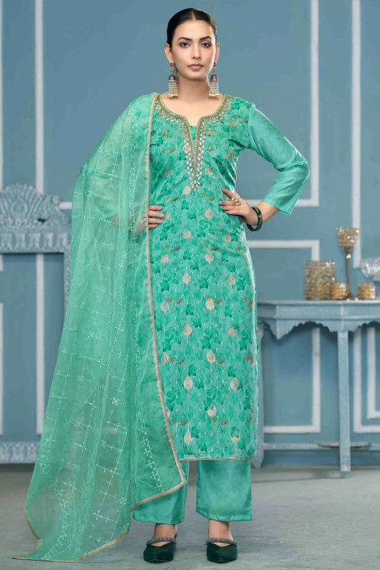 Sea Green Viscose Organza Pant Style Suit NCSM11110750