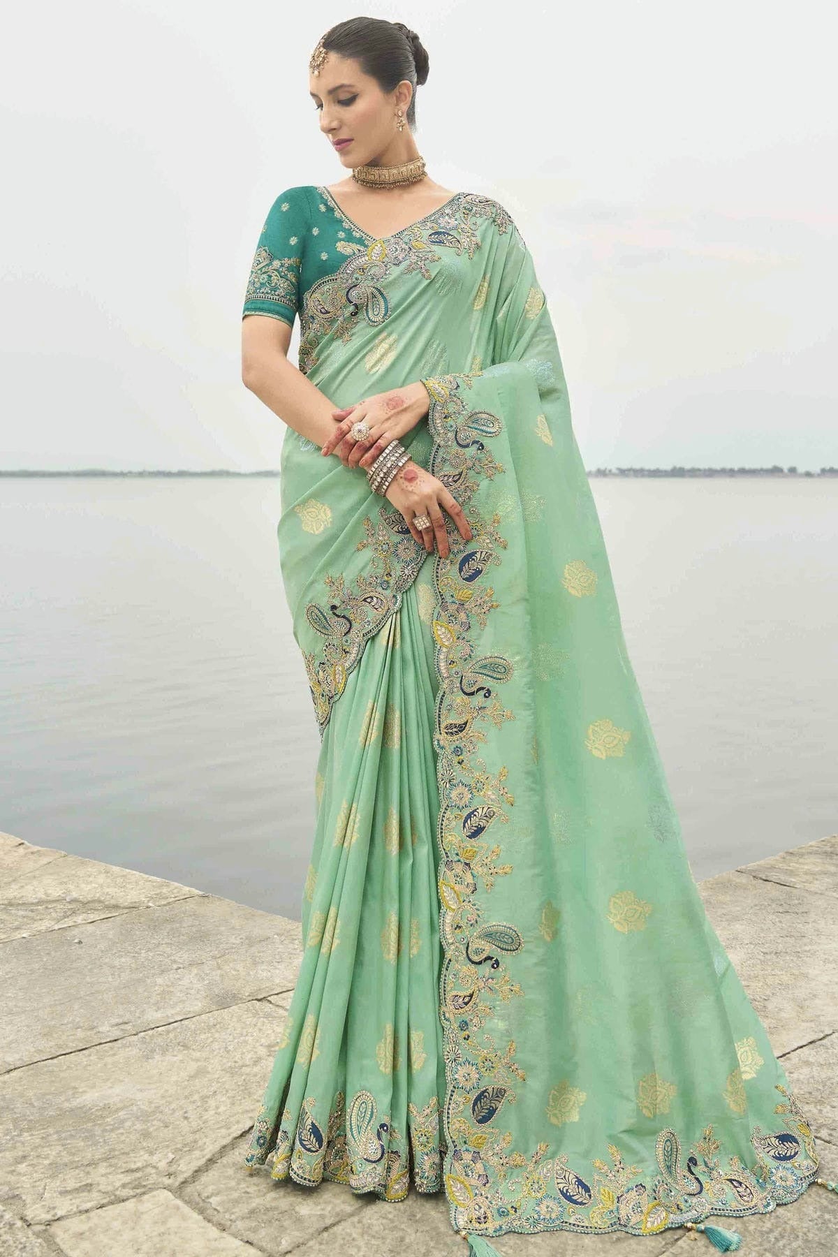 Sea Green Viscose Tissue Silk Designer Saree NCSD11111137