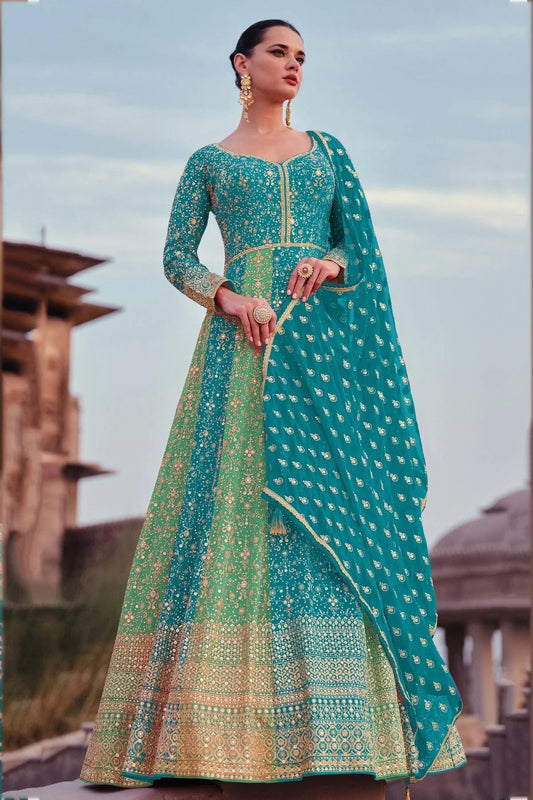 Sea Green and Sky Blue Gerogette Semi Stitched Anarkali Suit NCSM11410442