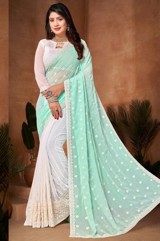 Sea Green and White Georgette Half N Half Saree NCSD10910160