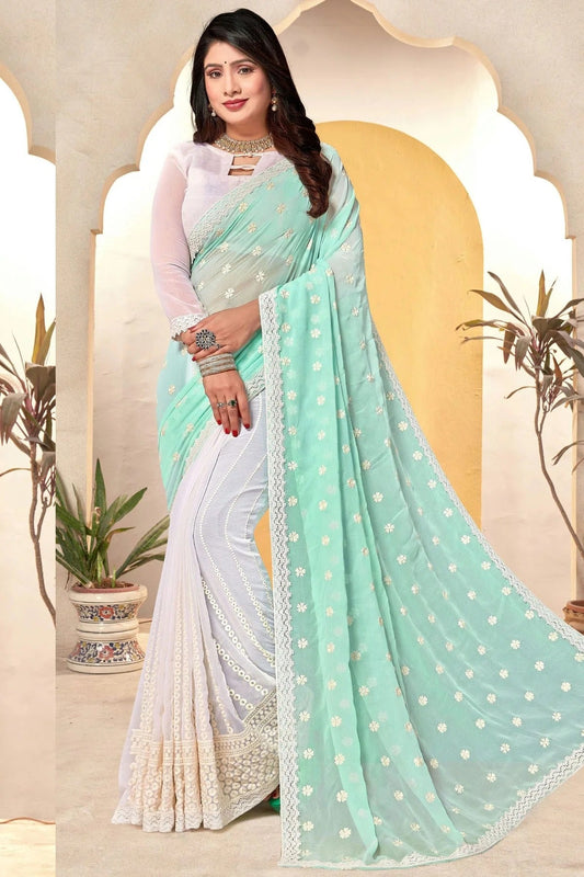 Sea Green and White Georgette Half N Half Saree NCSD10910223