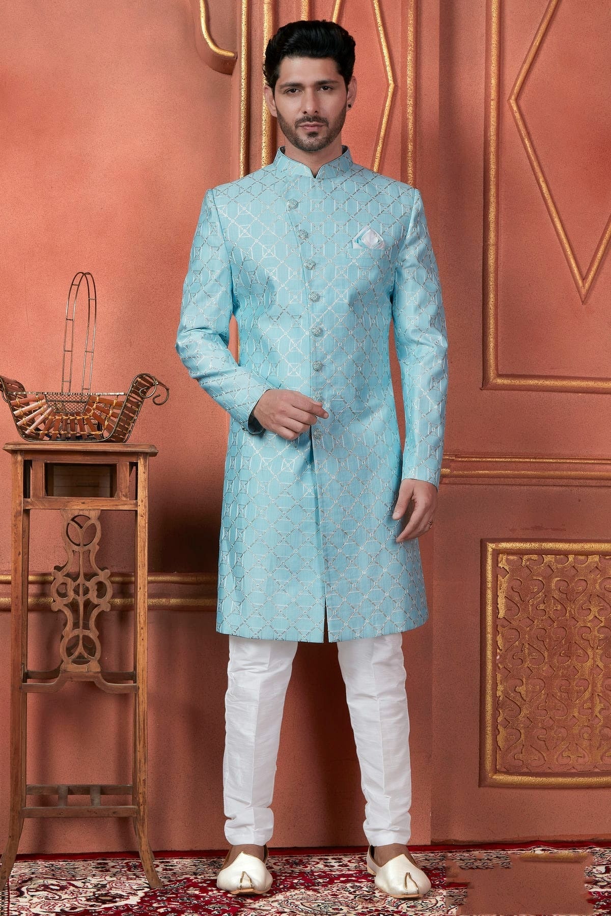 Sky Blue Art Silk Indowestern Sherwan With Aligadhi Pant  NCSH12310277