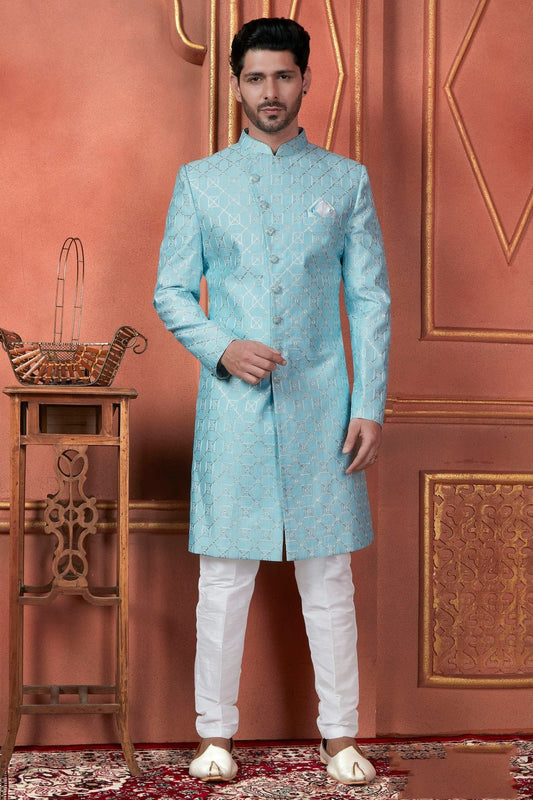 Sky Blue Art Silk Indowestern Sherwan With Aligadhi Pant  NCSH12310277