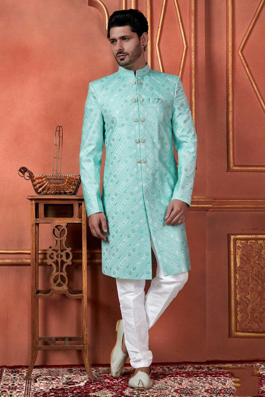 Sky Blue Art Silk Indowestern Sherwan With Aligadhi Pant  NCSH12310280