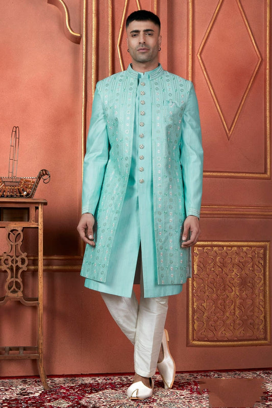 Sky Blue Art Silk Indowestern Sherwan With Aligadhi Pant  NCSH12310282