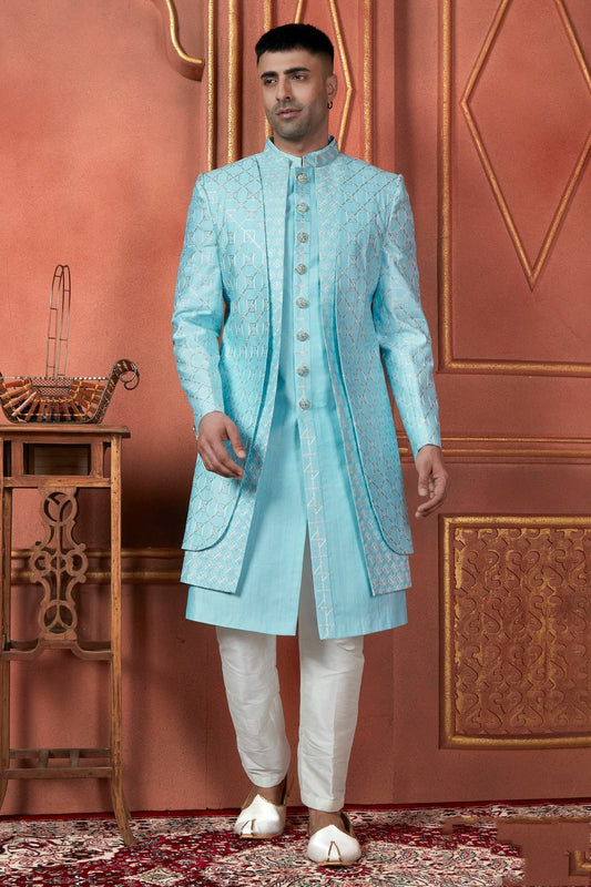 Sky Blue Art Silk Indowestern Sherwan With Aligadhi Pant  NCSH12310289