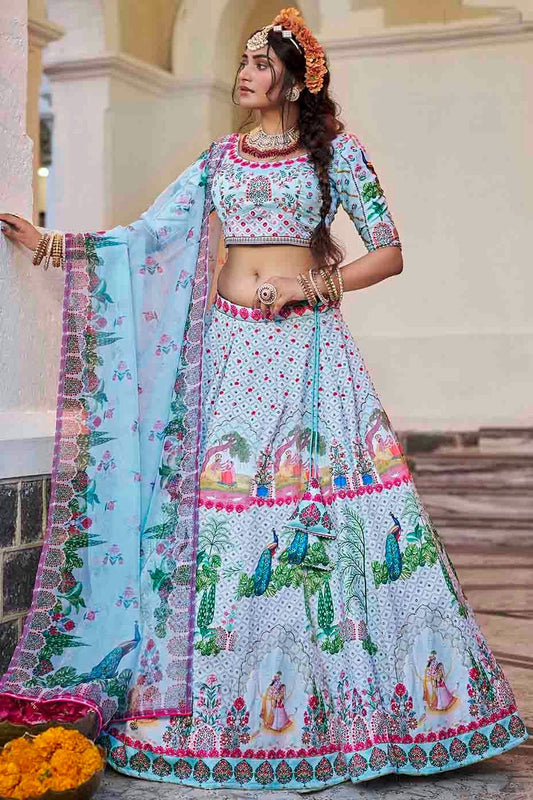 Sky Blue Art Silk Printed and Hand Lehenga Choli NCLC10810107