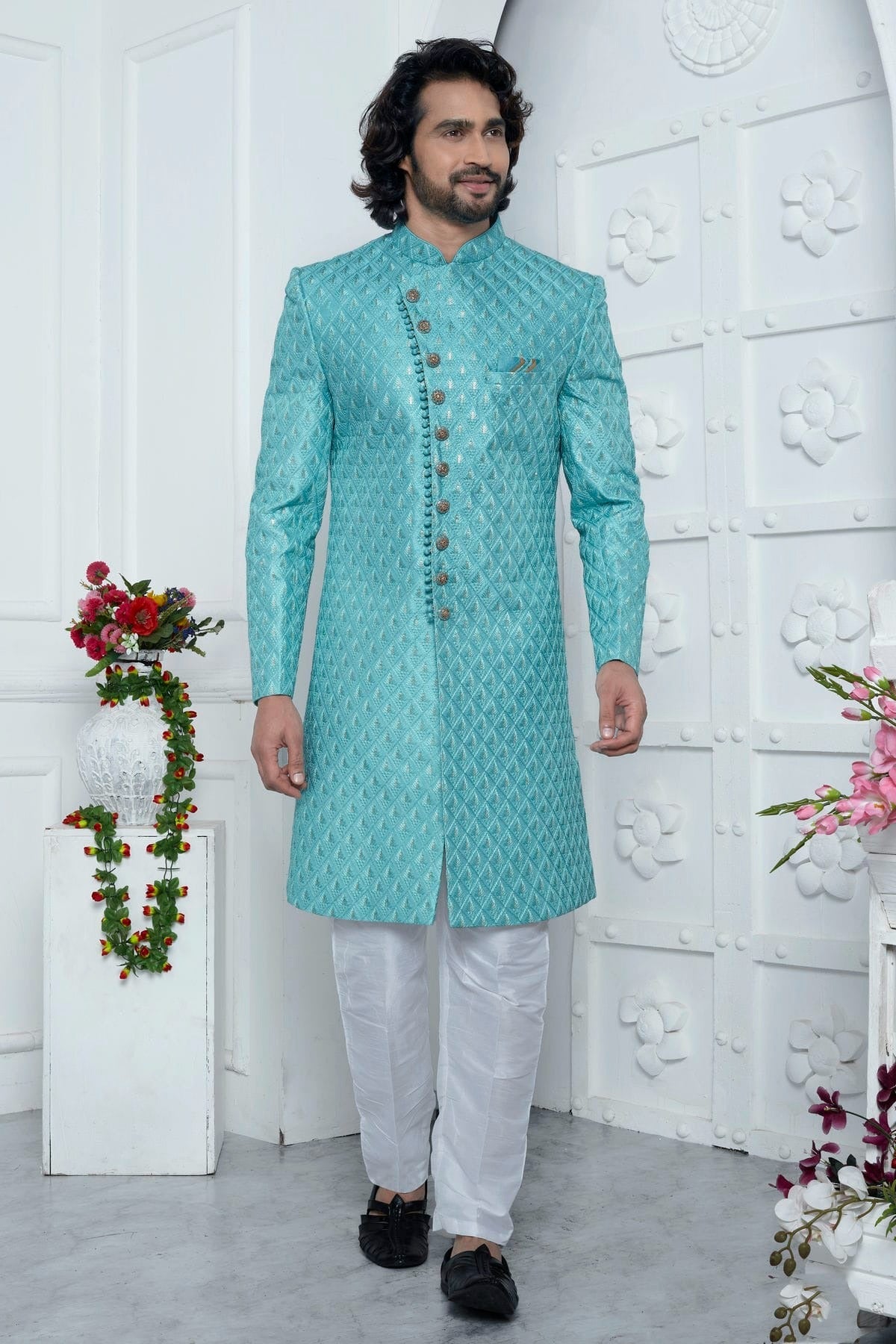 Sky Blue Art Silk Sherwan With Aligadhi Pant  NCSH12310303
