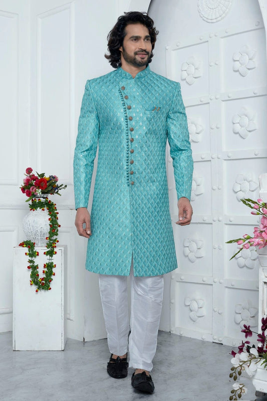 Sky Blue Art Silk Sherwan With Aligadhi Pant  NCSH12310303