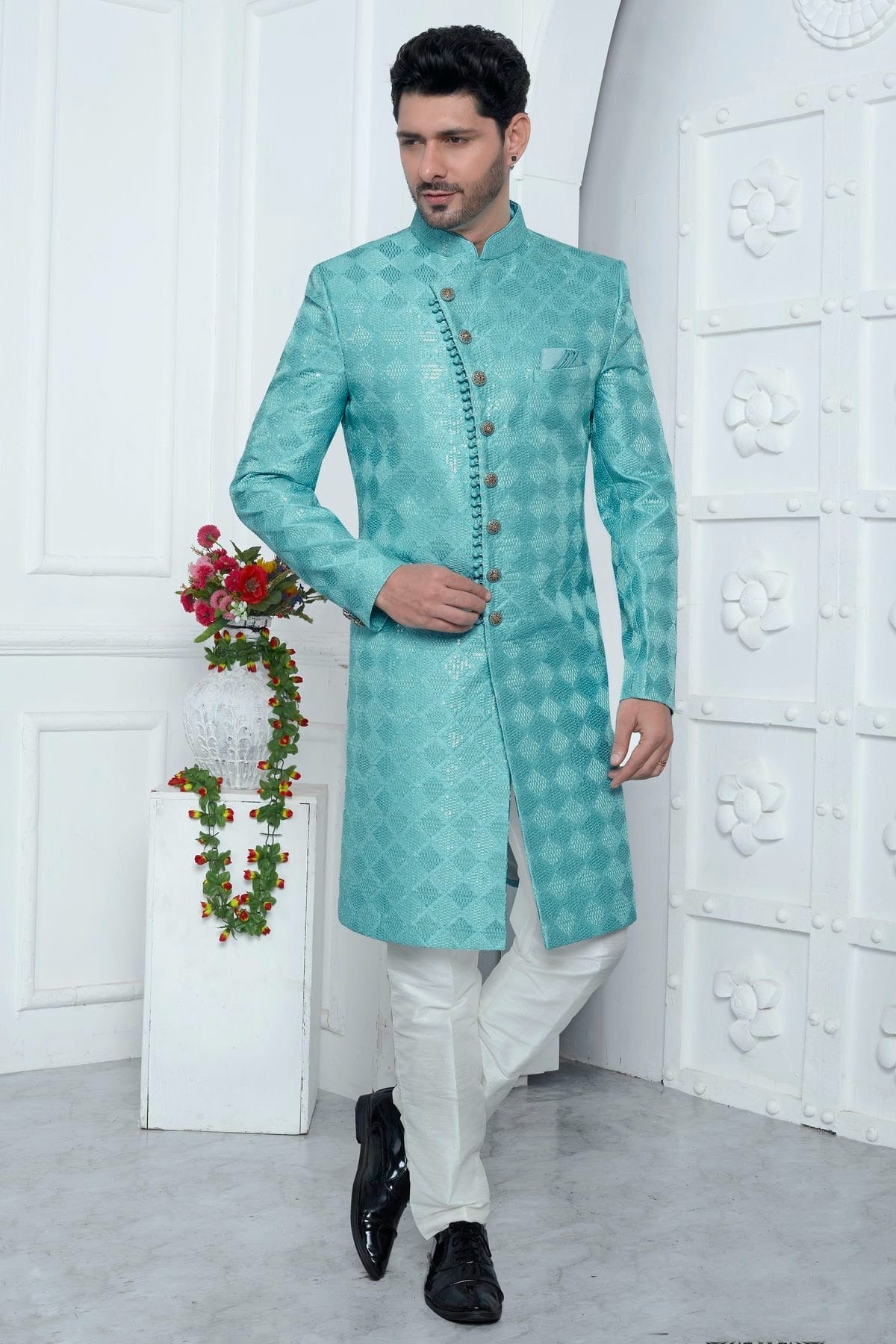 Sky Blue Art Silk Sherwan With Aligadhi Pant  NCSH12310305