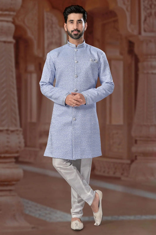 Sky Blue Banarasi Jacquard Sherwani NCSH10410245