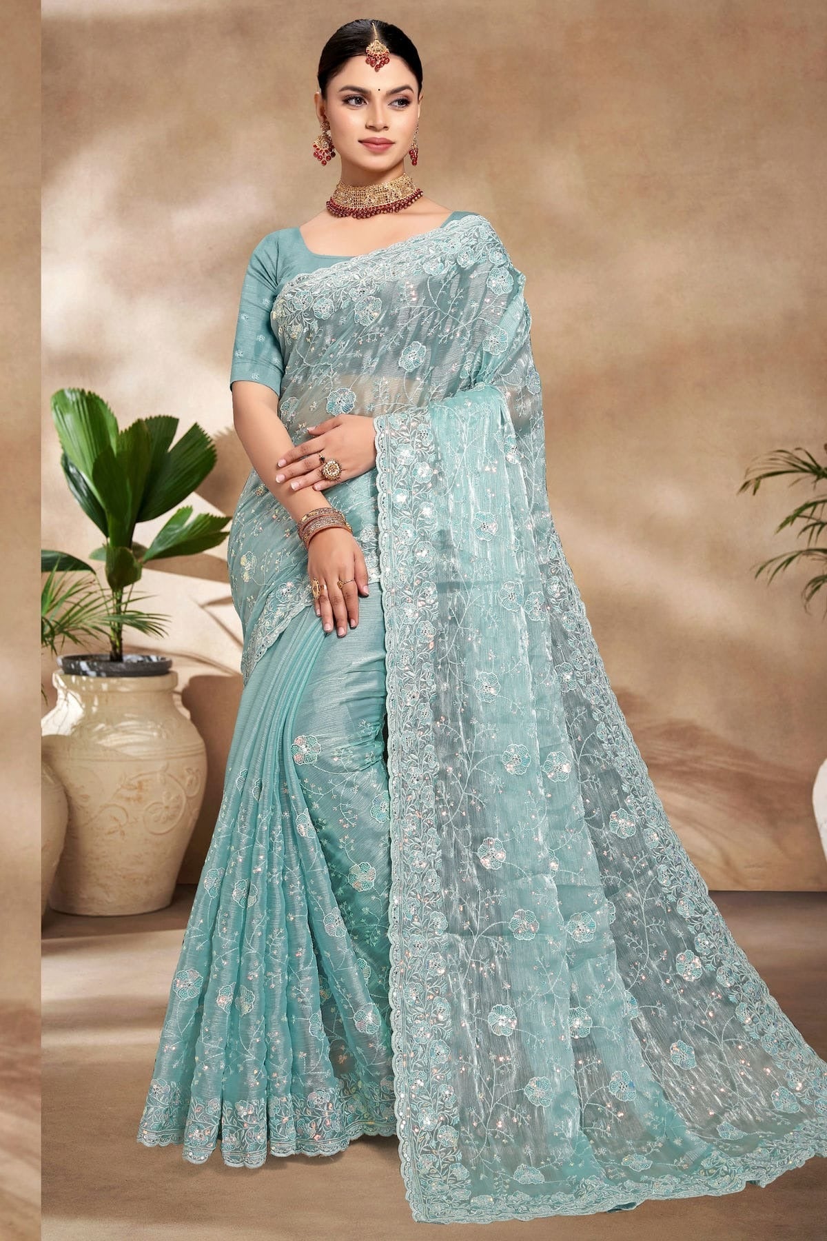 Sky Blue Burberry Silk Designer Saree NCSD10910173