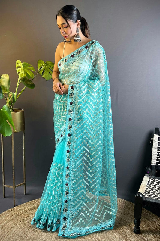 Sky Blue Butterfly Net Designer Saree NCSD11111770