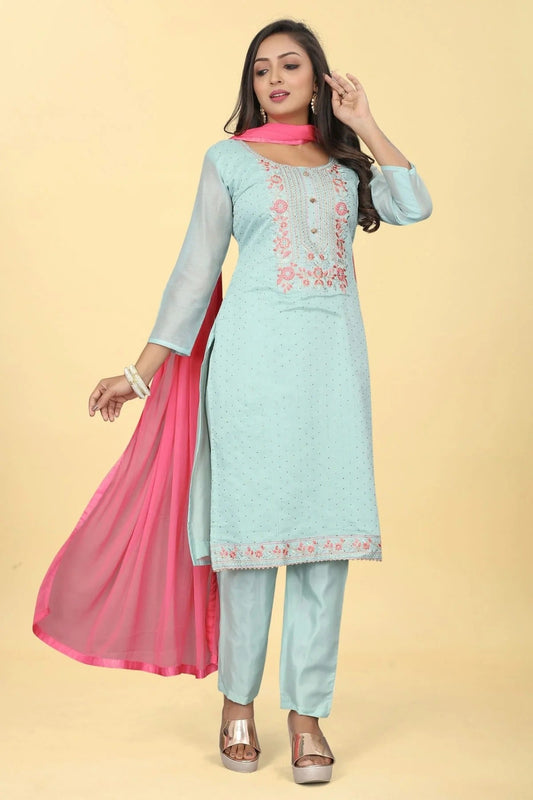 Sky Blue Chanderi Silk Pant Style Suit NCSM11112383