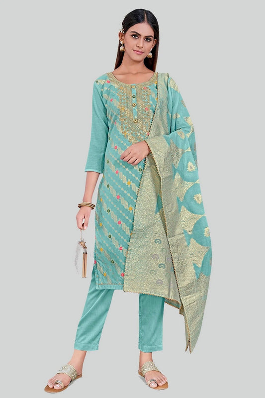 Sky Blue Chanderi Silk Pant Style Suit NCSM11112391