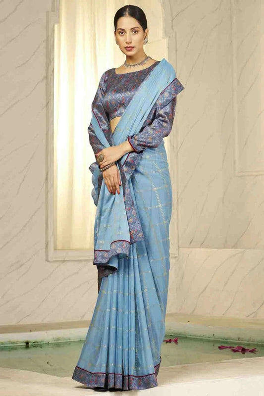Sky Blue Chiffon Digital Foil Printed Designer Saree NCSD11110396