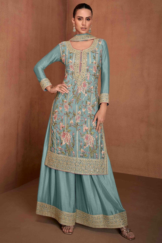 Sky Blue Chinon Palazzo Pant Suit NCSM11110880